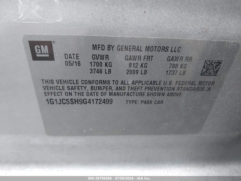 2016 Chevrolet Sonic Lt Auto VIN: 1G1JC5SH9G4172499 Lot: 39799586