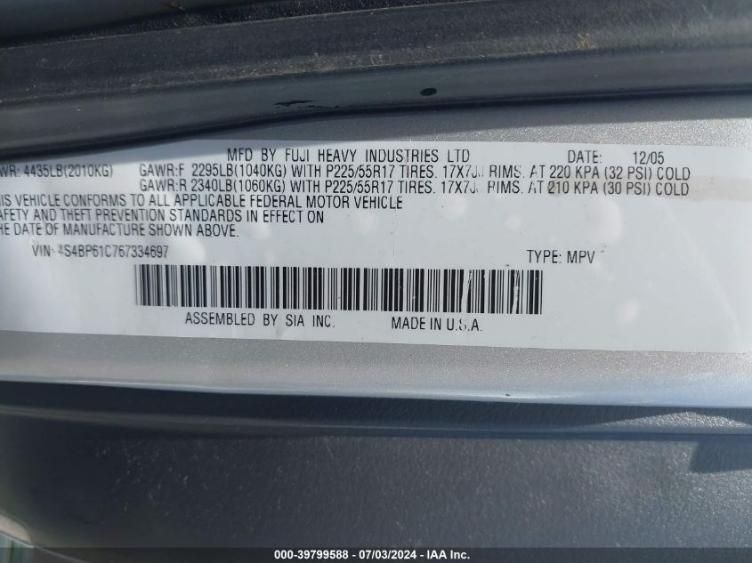 2006 Subaru Outback 2.5I VIN: 4S4BP61C767334697 Lot: 39799588