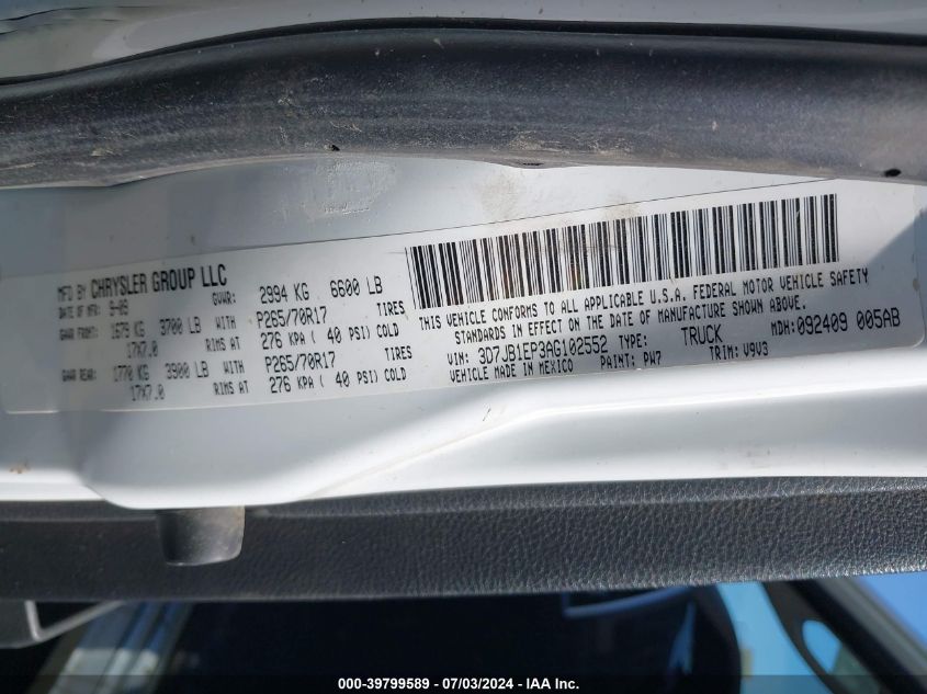 2010 Dodge Ram 1500 VIN: 3D7JB1EP3AG102552 Lot: 39799589