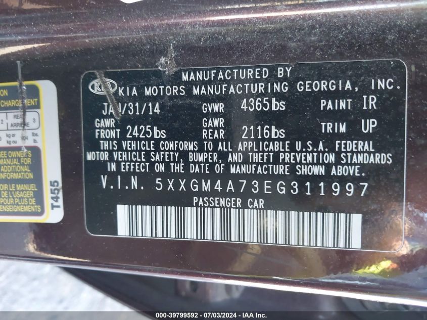 2014 Kia Optima Lx VIN: 5XXGM4A73EG311997 Lot: 39799592