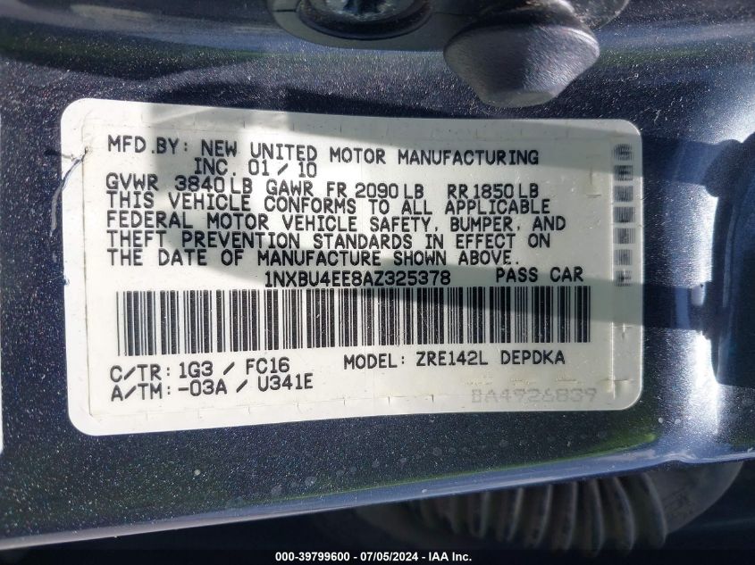 2010 Toyota Corolla Le VIN: 1NXBU4EE8AZ325378 Lot: 39799600