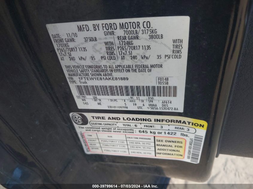 2010 Ford F-150 Xl/Xlt VIN: 1FTEW1E81AKE81889 Lot: 39799614