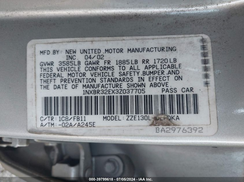 2003 Toyota Corolla Ce VIN: 1NXBR32EX3Z037705 Lot: 39799618