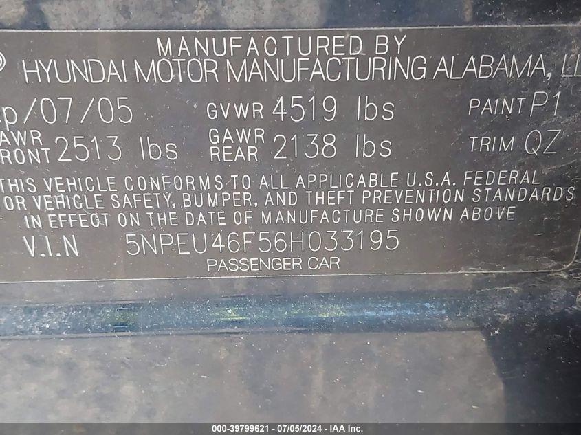 2006 Hyundai Sonata Gls V6/Lx V6 VIN: 5NPEU46F56H033195 Lot: 39799621