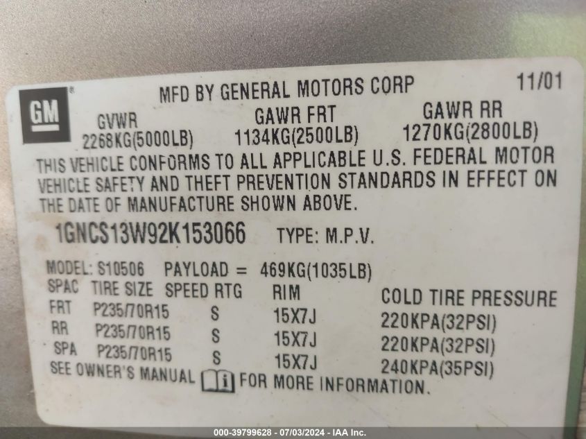 2002 Chevrolet Blazer Ls VIN: 1GNCS13W92K153066 Lot: 39799628