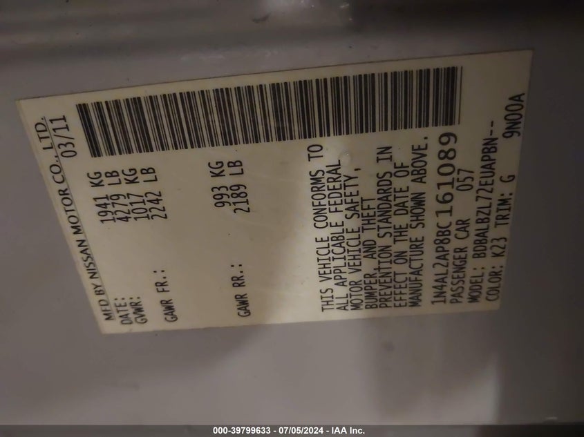 2011 Nissan Altima 2.5 S VIN: 1N4AL2AP8BC161089 Lot: 39799633