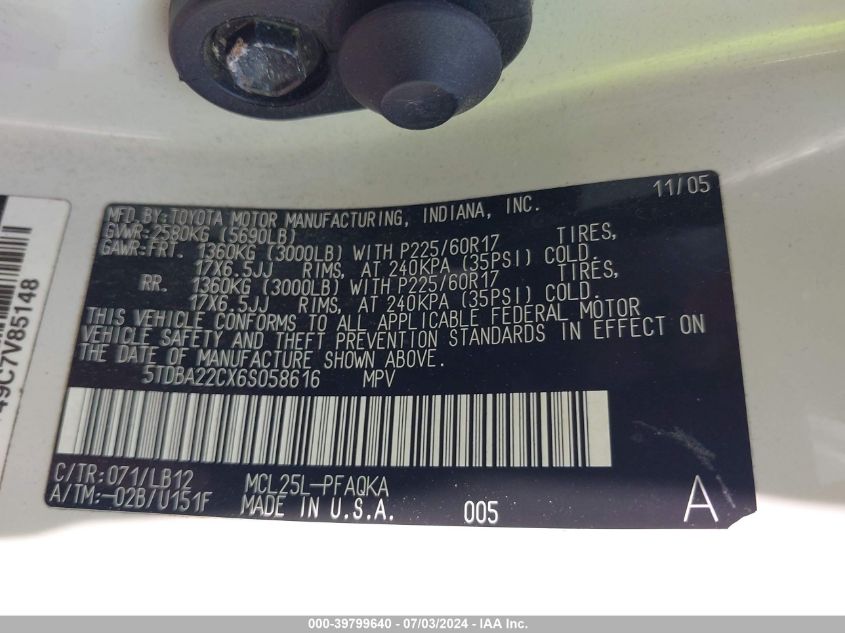 2006 Toyota Sienna Xle VIN: 5TDBA22CX6S058616 Lot: 39799640