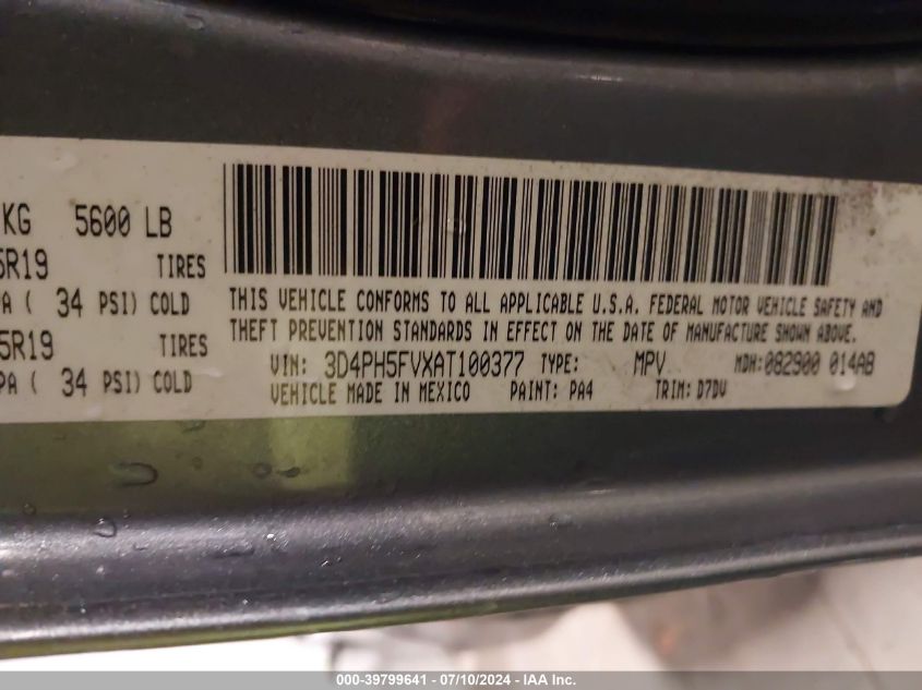 2010 Dodge Journey Sxt VIN: 3D4PH5FVXAT100377 Lot: 39799641