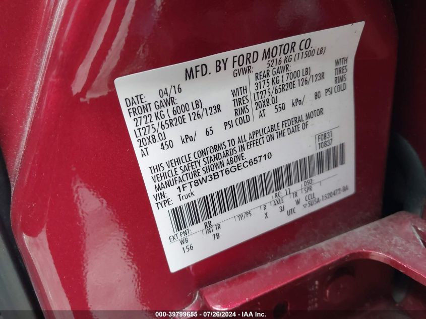 2016 Ford F-350 Lariat VIN: 1FT8W3BT6GEC65710 Lot: 39799655