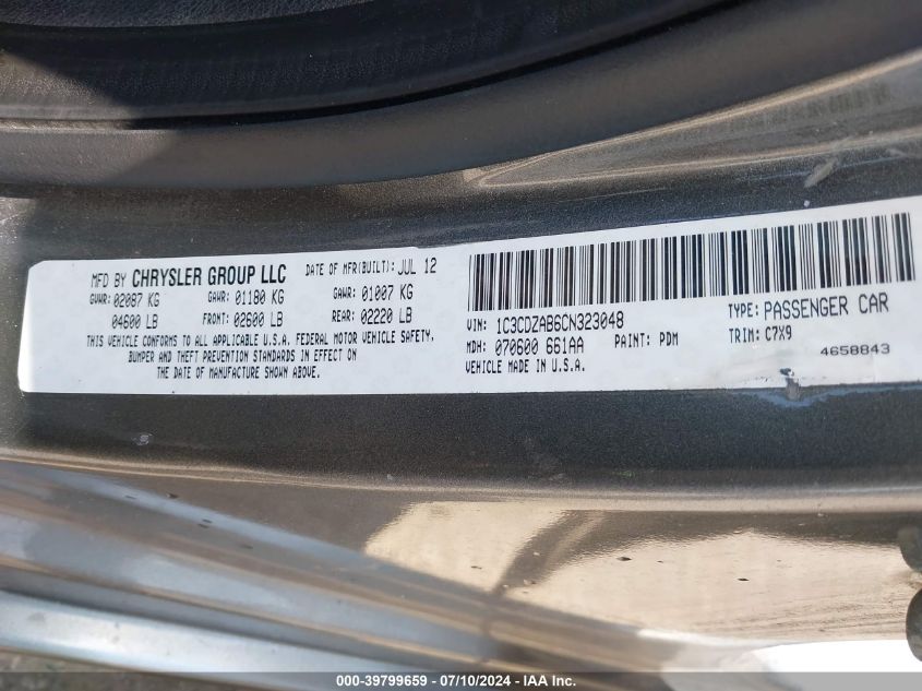 2012 Dodge Avenger Se VIN: 1C3CDZAB6CN323048 Lot: 39799659