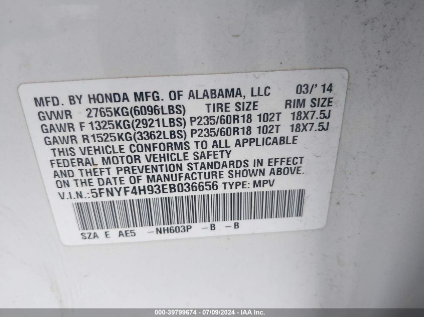 2014 Honda Pilot Touring VIN: 5FNYF4H93EB036656 Lot: 39799674