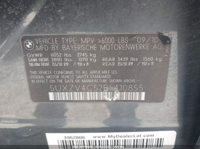 2011 BMW X5 xDrive35I/xDrive35I Premium/xDrive35I Sport Activity VIN: 5UXZV4C52BL410855 Lot: 39799686