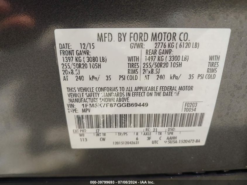 2016 Ford Explorer Limited VIN: 1FM5K7F87GGB69449 Lot: 39799693