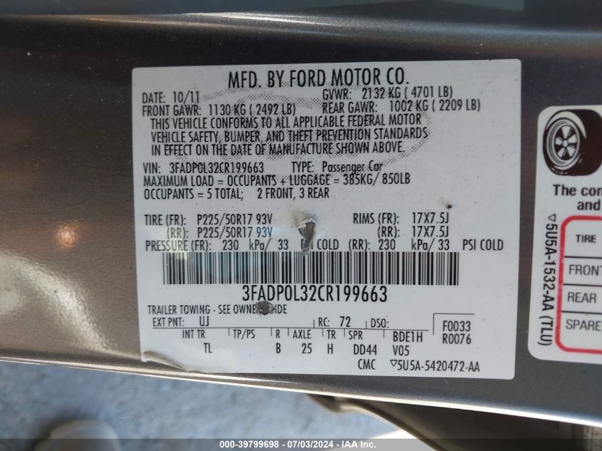 2012 Ford Fusion Hybrid VIN: 3FADP0L32CR199663 Lot: 39799698