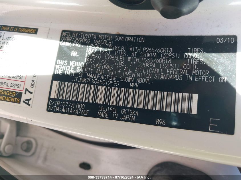 2010 Lexus 460 VIN: JTJBM7FX0A5012595 Lot: 39799714