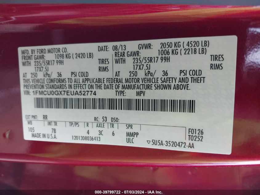 2014 Ford Escape Se VIN: 1FMCU0GX7EUA52774 Lot: 39799722