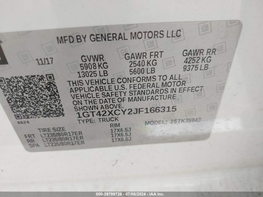 2018 GMC Sierra 3500Hd Slt VIN: 1GT42XCY2JF166315 Lot: 39799726