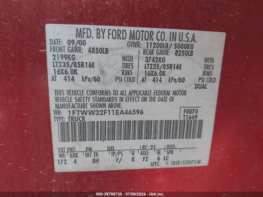 2001 Ford F-350 Lariat/Xl/Xlt VIN: 1FTWW32F11EA46596 Lot: 39799730