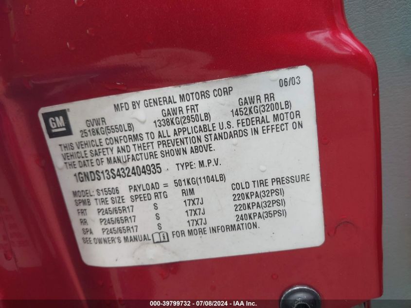 2003 Chevrolet Trailblazer Lt VIN: 1GNDS13S432404935 Lot: 39799732