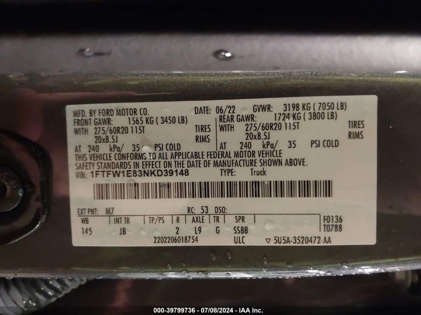 2022 Ford F-150 Xl VIN: 1FTFW1E83NKD39148 Lot: 39799736