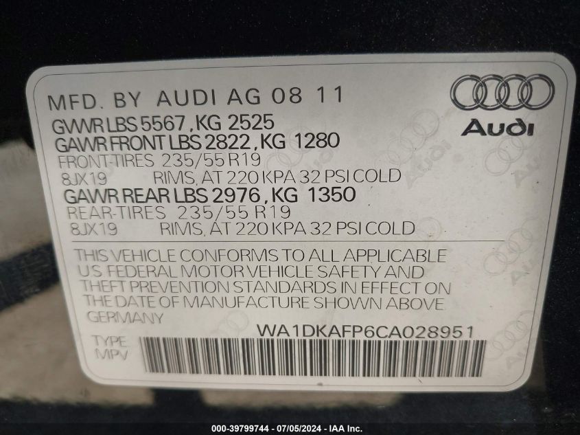 2012 Audi Q5 3.2 Premium Plus VIN: WA1DKAFP6CA028951 Lot: 39799744