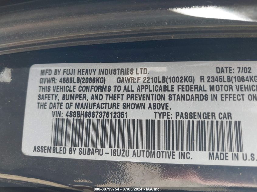 2003 Subaru Outback Limited VIN: 4S3BH686737612351 Lot: 39799754