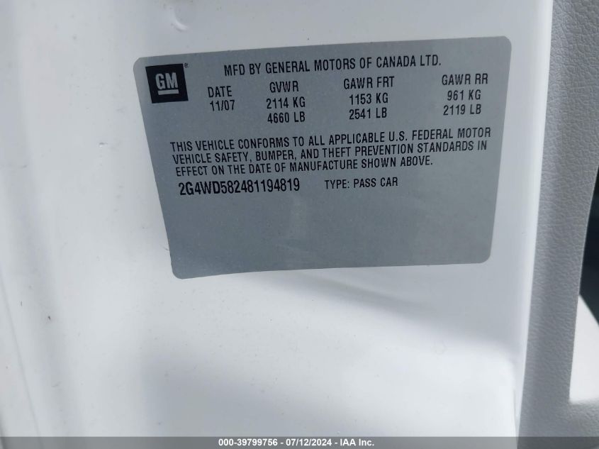 2008 Buick Lacrosse Cxl VIN: 2G4WD582481194819 Lot: 39799756