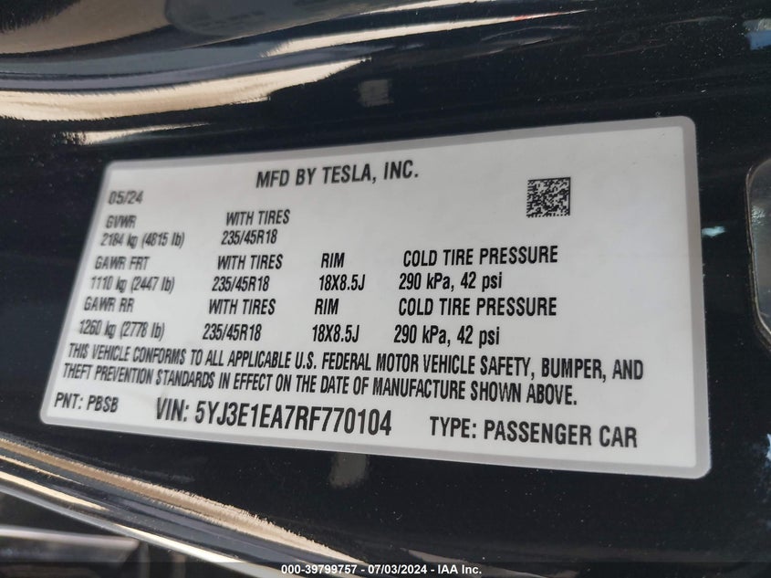 2024 Tesla Model 3 Rear-Wheel Drive VIN: 5YJ3E1EA7RF770104 Lot: 39799757