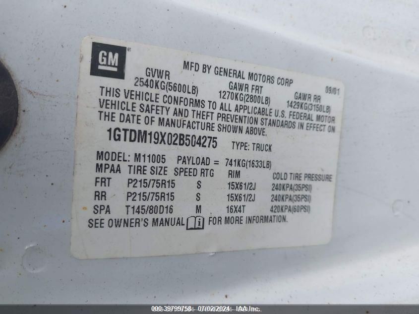 2002 GMC Safari Sl VIN: 1GTDM19X02B504275 Lot: 39800688