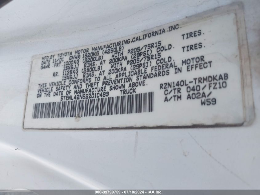 2002 Toyota Tacoma VIN: 5TENL42N62Z010483 Lot: 39799759