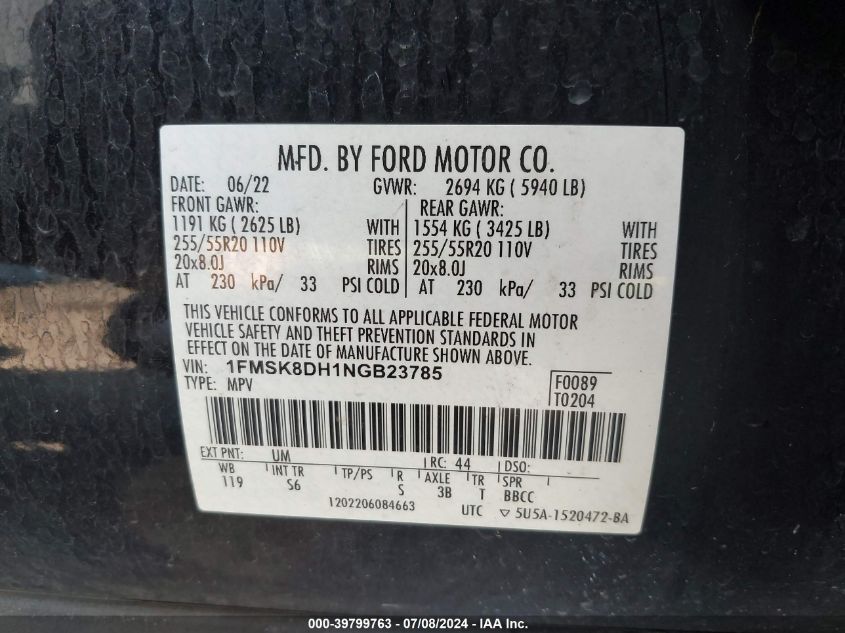 2022 Ford Explorer Xlt VIN: 1FMSK8DH1NGB23785 Lot: 39799763