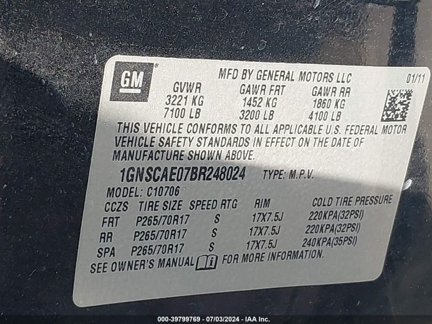 2011 Chevrolet Tahoe Ls VIN: 1GNSCAE07BR248024 Lot: 39799769