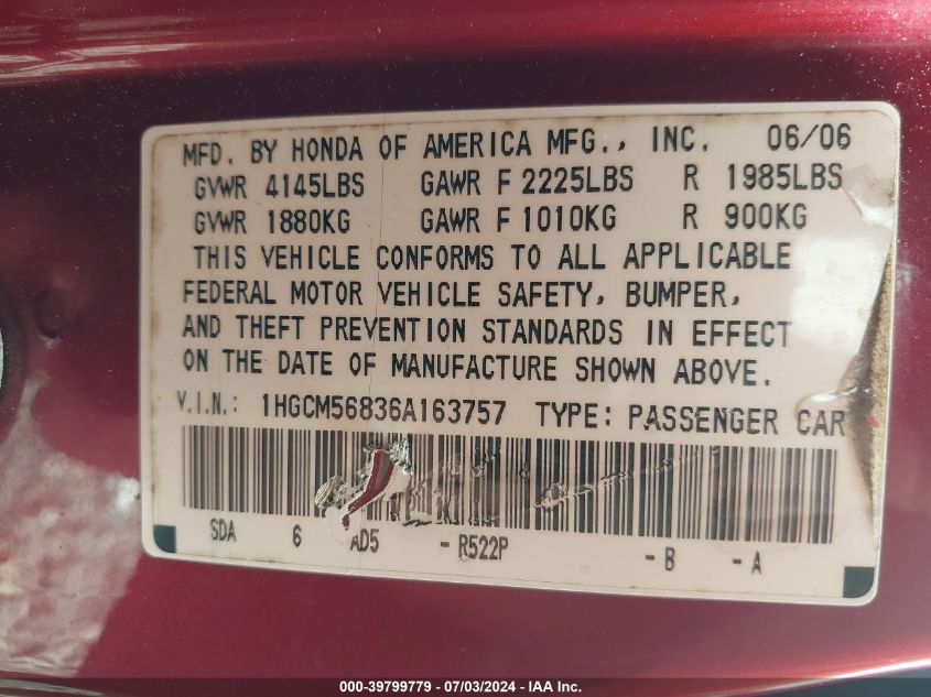2006 Honda Accord 2.4 Ex VIN: 1HGCM56836A163757 Lot: 39799779