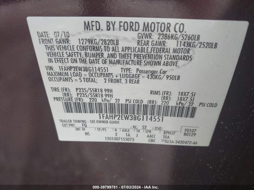 2011 Ford Taurus Sel VIN: 1FAHP2EW3BG114551 Lot: 39799781