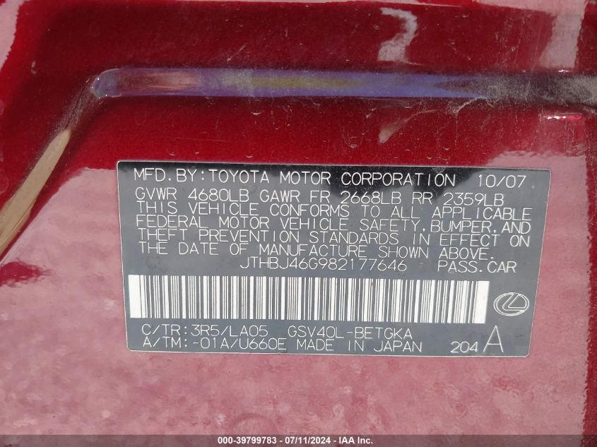 2008 Lexus Es 350 VIN: JTHBJ46G982177646 Lot: 39799783