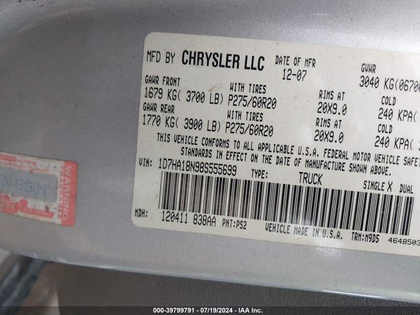 2008 Dodge Ram 1500 St/Slt VIN: 1D7HA18N98S555699 Lot: 39799791