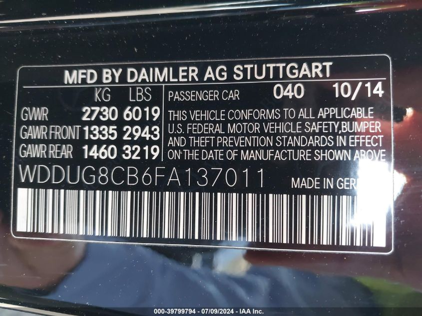 2015 Mercedes-Benz S 550 VIN: WDDUG8CB6FA137011 Lot: 39799794