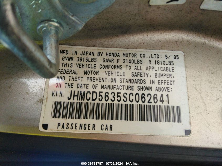 1995 Honda Accord Lx VIN: JHMCD5635SC062641 Lot: 39799797