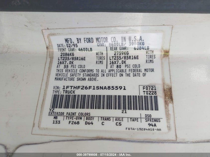 1995 Ford F250 VIN: 1FTHF26F1SNA85591 Lot: 39799808