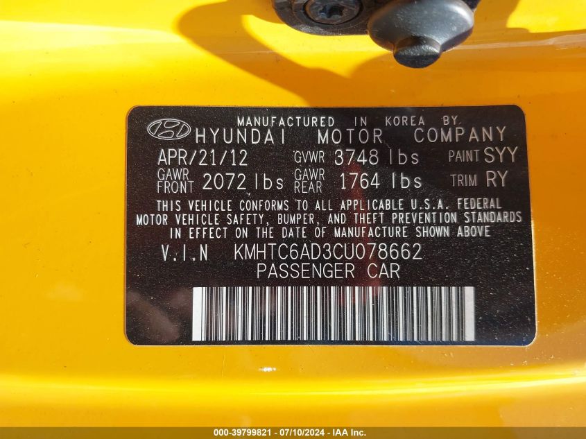 2012 Hyundai Veloster Base W/Black VIN: KMHTC6AD3CU078662 Lot: 39799821