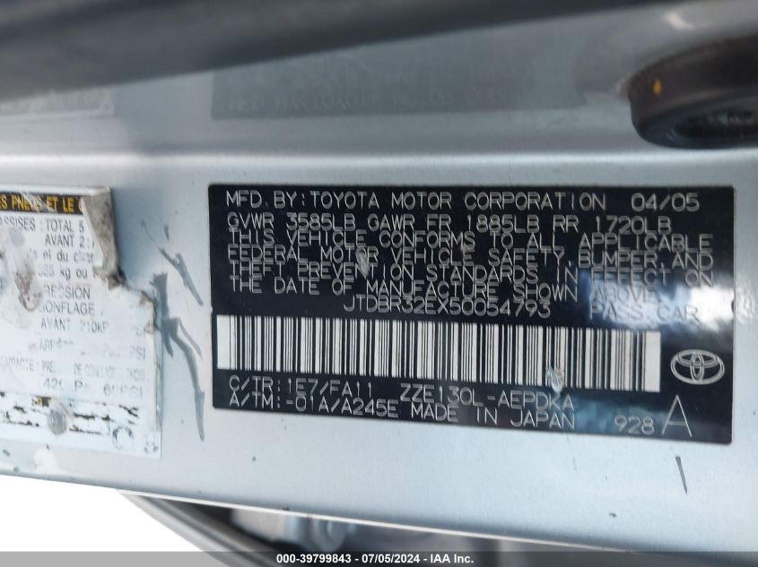 2005 Toyota Corolla Ce VIN: JTDBR32EX50054793 Lot: 39799843