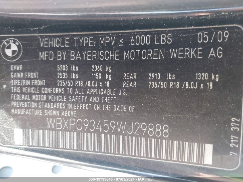 2009 BMW X3 xDrive30I VIN: WBXPC93459WJ29888 Lot: 39799845