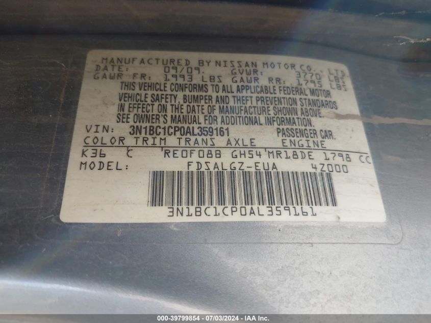 2010 Nissan Versa 1.8Sl VIN: 3N1BC1CP0AL359161 Lot: 39799854