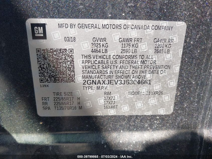 2018 Chevrolet Equinox Lt VIN: 2GNAXJEV3J6304661 Lot: 39799865