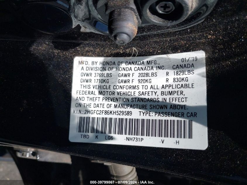 2019 Honda Civic Sport VIN: 2HGFC2F86KH529589 Lot: 39799867