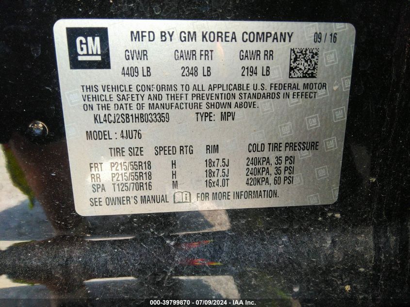 2017 Buick Encore Sport Touring VIN: KL4CJ2SB1HB033359 Lot: 39799870