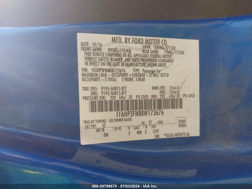 2011 Ford Focus Se VIN: 1FAHP3FN8BW173676 Lot: 39799878