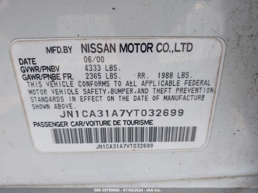 2000 Nissan Maxima Gle/Gxe/Se VIN: JN1CA31A7YT032699 Lot: 39799880