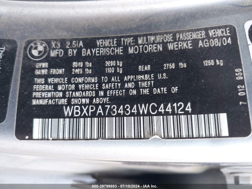 2004 BMW X3 2.5I VIN: WBXPA73434WC44124 Lot: 39799883