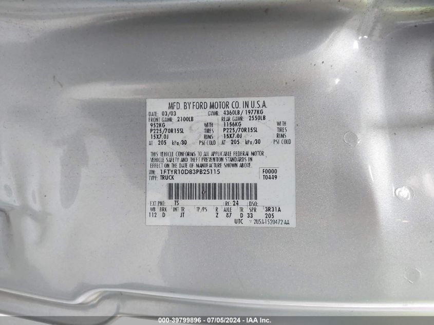 2003 Ford Ranger Xl/Xlt VIN: 1FTYR10D83PB25115 Lot: 39799896